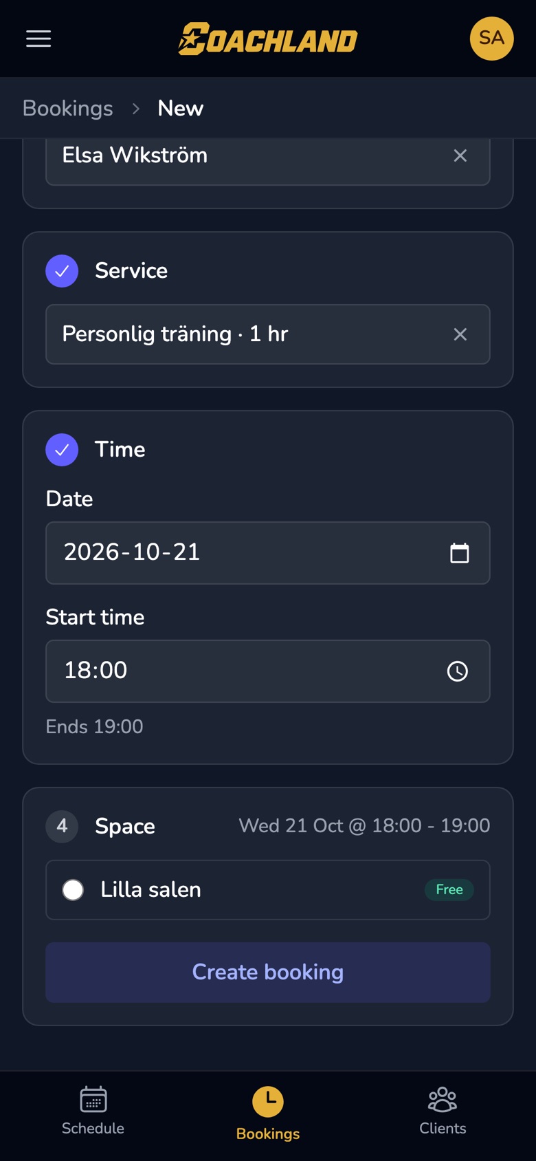 The new booking screen with Lilla salen offered as the only free space at 18:00.