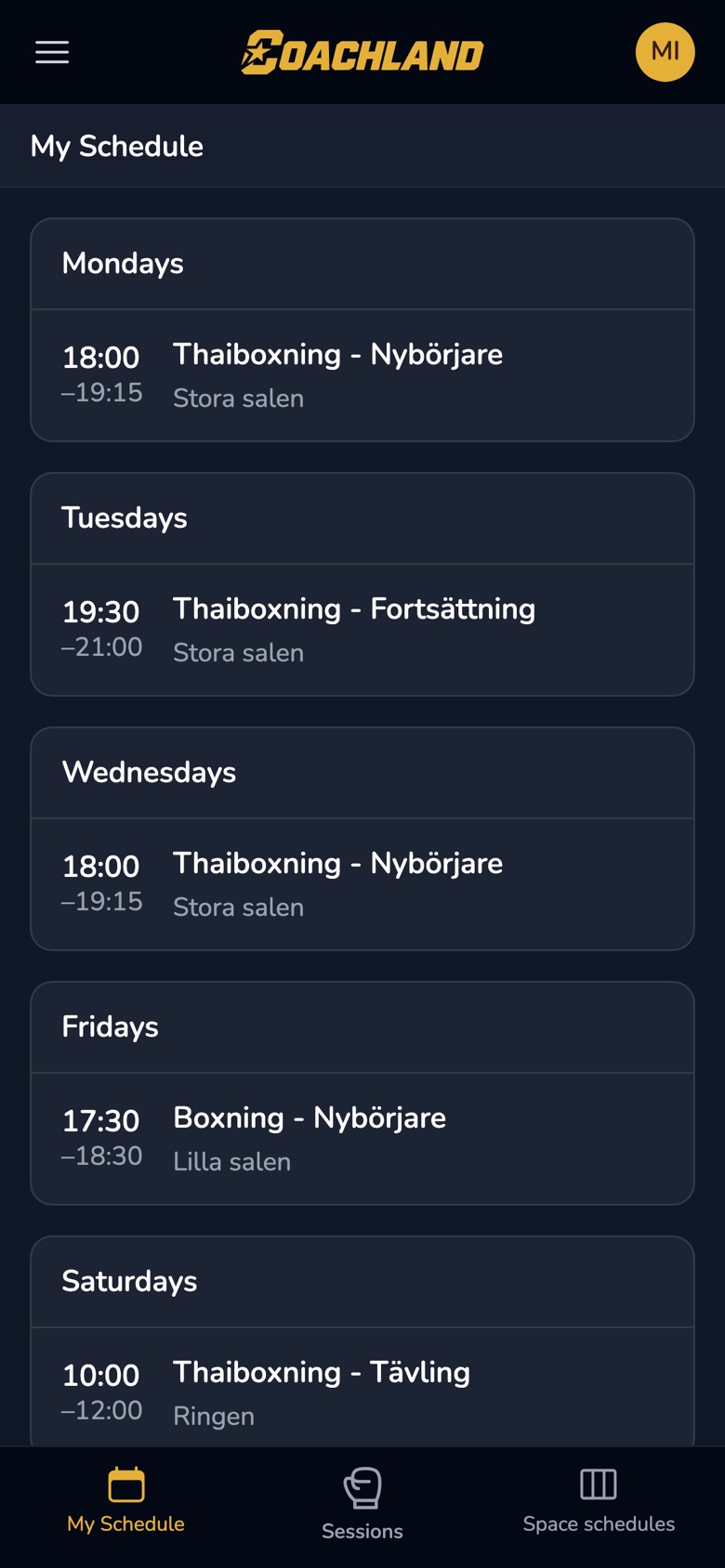 A class trainer’s weekly schedule of Thaiboxning and Boxning groups.