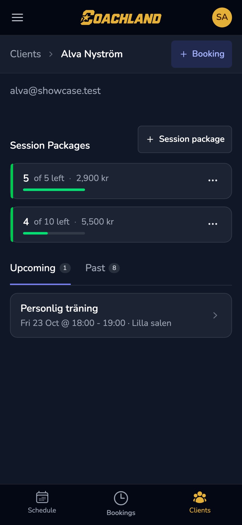 A client page showing two session packages with sessions left.