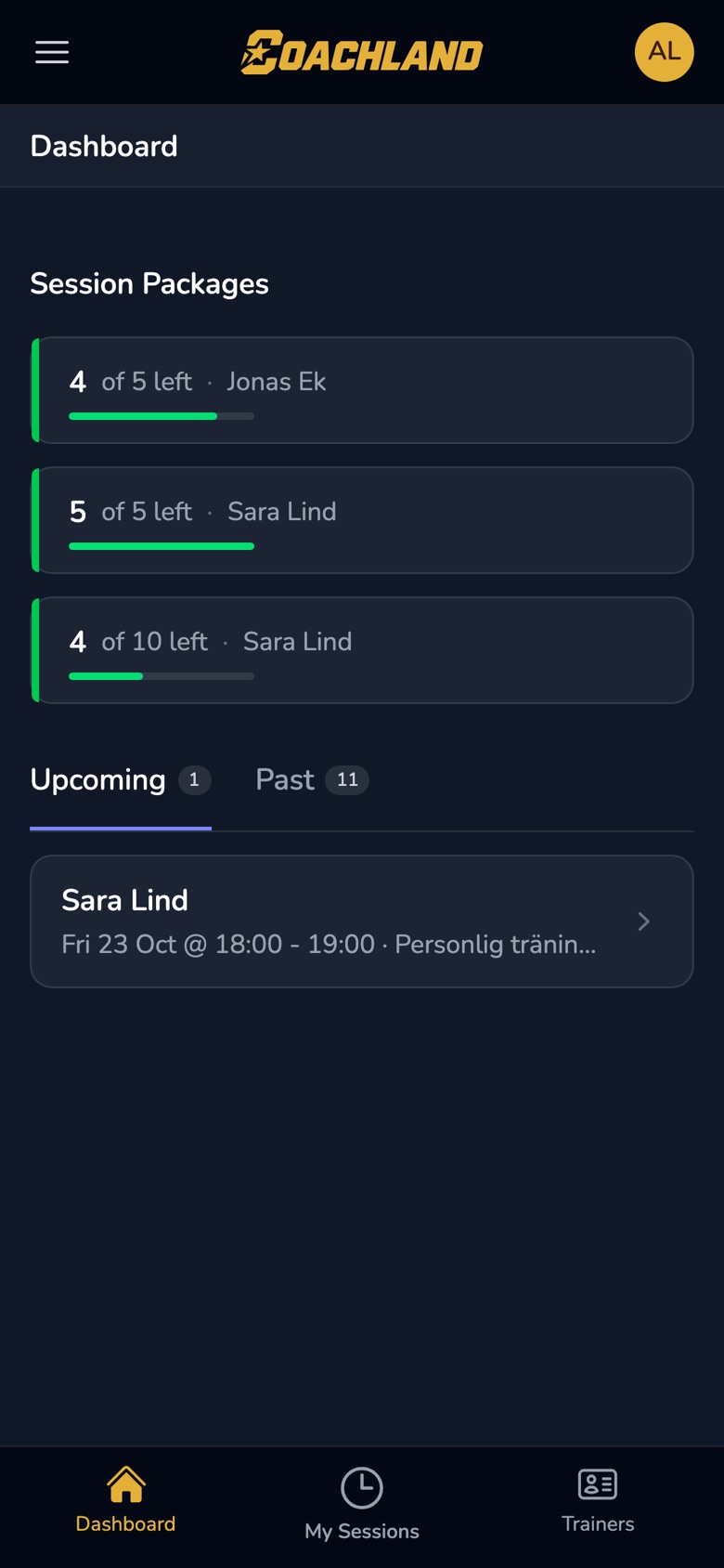 A member’s dashboard with session packages and the next booked session.